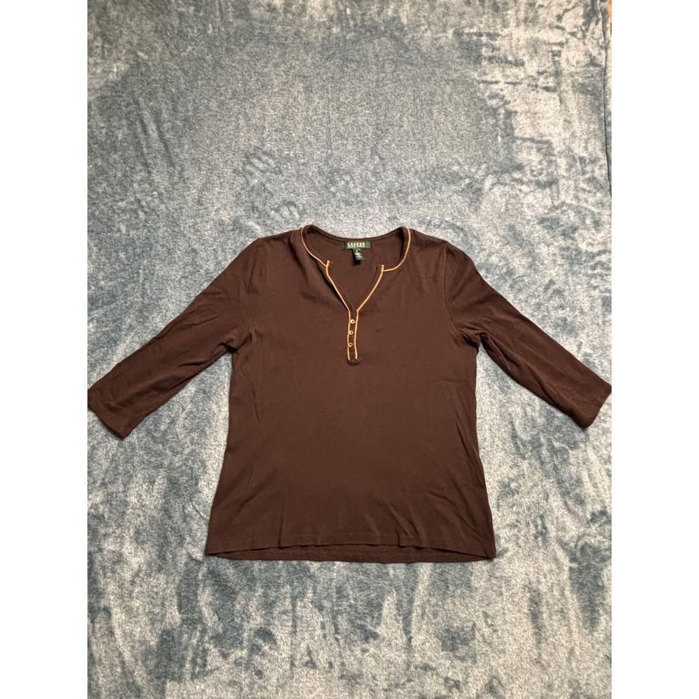 Lauren Ralph Lauren XL Women Brown Henley Top 3/4 Sleeve Cotton Knit Casual